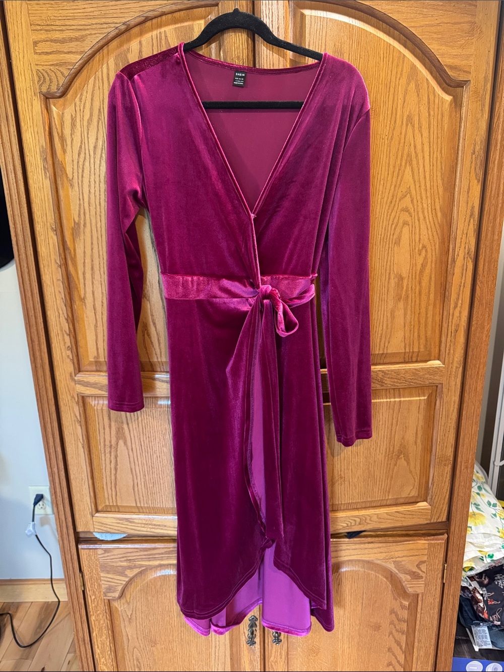 SHEIN Velvet Wrap Midi Dress in Deep Magenta